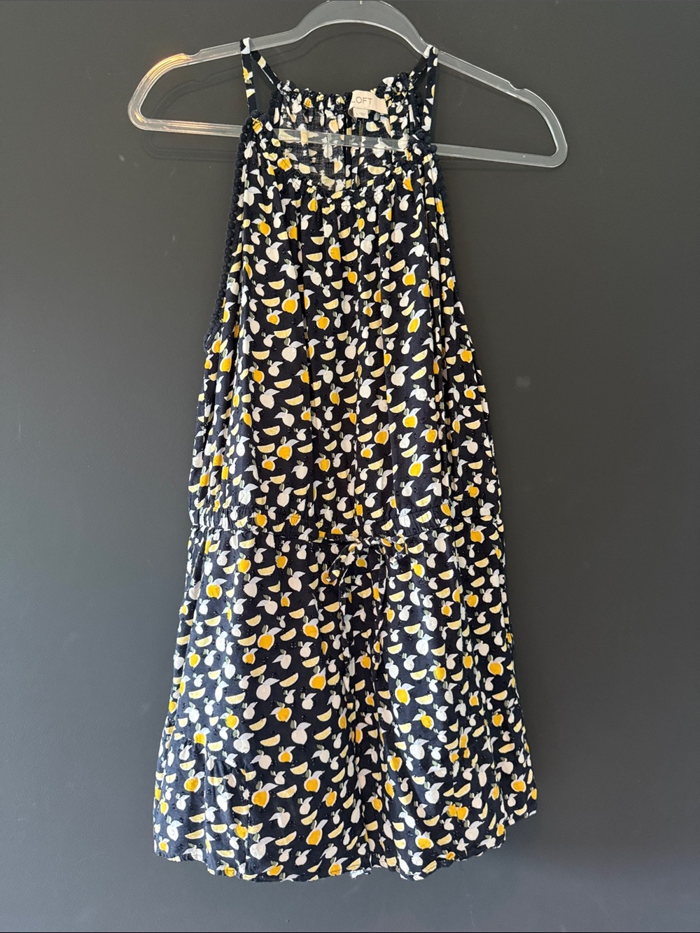 LOFT Navy Lemon Print Halter Romper with Yellow, White, Light Blue Print